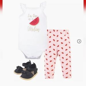 One in a Watermelon Cotton Bodysuit Pant Shoe 3pc Set Summer Baby Girl 6-9M